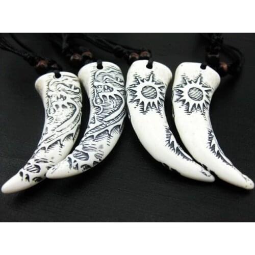 15 PCS Retro White Imitation bone powder carving china dragon Sun Tooth Necklace