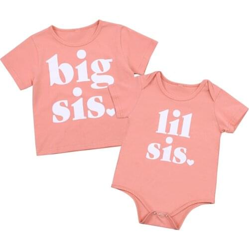 2021 New Summer 0-6Y Baby Girl Sister Family Matching BIG/LIL Sis Letter Print Heart Short Sleeve Pink T-shirt/Bodysuit Clothes