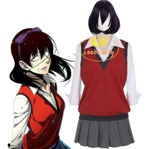 Anime Kakegurui Midari Ikishima Cosplay Costume School Girl Uniform Wig Shirt Vest Skirt Halloween Christmas Party Uniform Women