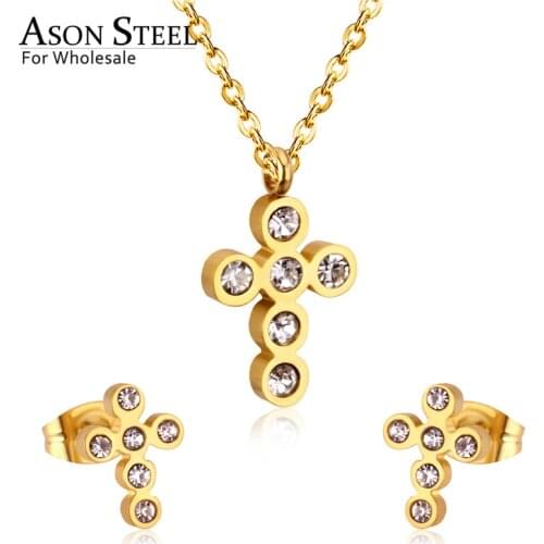 ASONSTEEL Classical Cross Wedding Zirconia Jewelry Set Pendant Necklace & Drop Stud Earrings Gold 316L Stainless Steel for Women