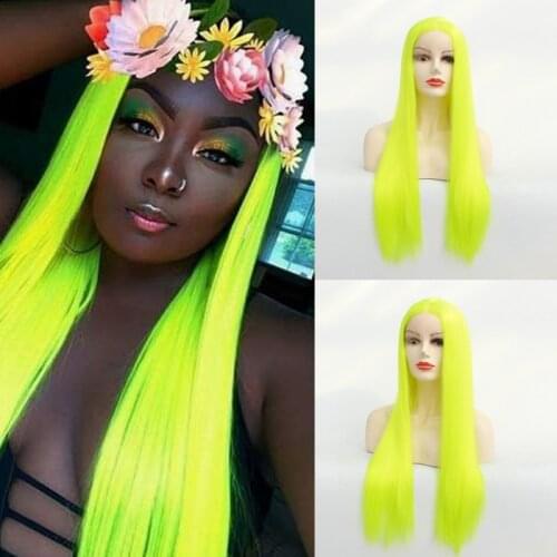 Fluorescent Green Silky Straight Synthetic Lace Front Wigs Yellow Middle Parting 150%Density Heat Resistant Fiber Hair for Woman