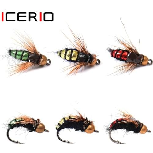 ICERIO 8PCS Bead Head Fast Sinking Nymph Scud Fly Bug Worm Trout Fishing Flies Artificial Insect Fishing Bait Lure