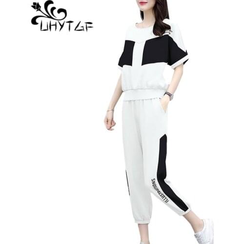 UHYTGF 2 piece set women fashion ice silk short sleeve t-shirt tops casual summer sets female loose 4XL plus size tracksuit 956