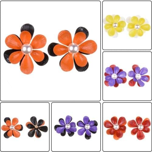 Colorful Cute Big Flowers Statement Earrings Women Luxury Crystal Purple Gem Simulated Pearl Earrings Charm Party Jewelry Female