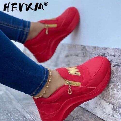 Women Sport Shoes Thick Bottom Solid Ladies Vulcanized Sneakers Casual Wedges Slip On Zipper Shoes Women Platform Sneakers 2021