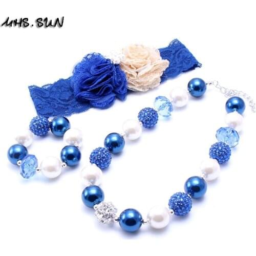 MSH.SUN Fashion Bule Beads Necklace Bracelets Hairbands Set For Child/Kids/Girls Chunky Bubblegum Jewelry Set For Party Gifts