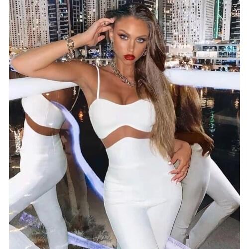 Fashion New White Black Rayon Bandage Jumpsuit Sexy Patchwork Spaghetti Strap Club Evening Party Bodysuit