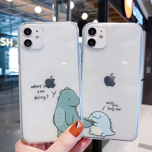 Cute Cartoon Dinosaur Couple Transparent Phone Soft Case For iPhone 11 Pro Max X Xs XR 7 8 Plus SE 2 Clear TPU Cover Capa