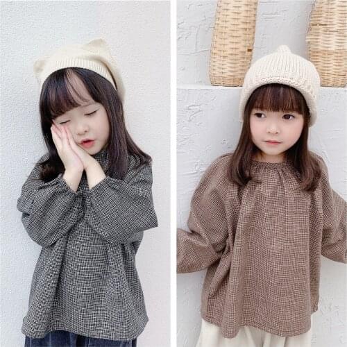 2020 Autumn Girls Shirts Korean Puff Sleeve Plaid Blouse Shirts for Baby Girl Kids Clothes 2 To 7 Years Toddlers Cotton Shirts