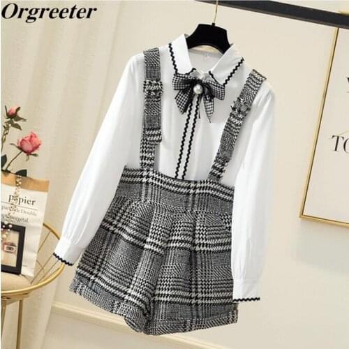 Autumn New Shirt and Suspender Shorts 2 Piece Student Set Sweet Pearl Bow Lace Patchwork Shirt and Plaid Wide Leg Playsuits Sets