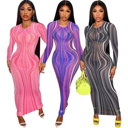 Color Striped Sheer Mesh Maxi Dress Women Nightclub Dresses Sexy See Through O Neck Full Sleeve Bodycon Vestido Autumn Clothing