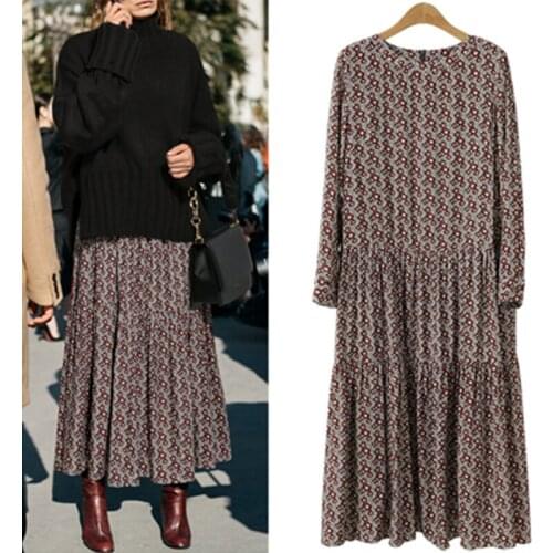 Plus size women autumn dress vestido 2020 Europe and United States fashion floral print long dress loose casual vintage dress