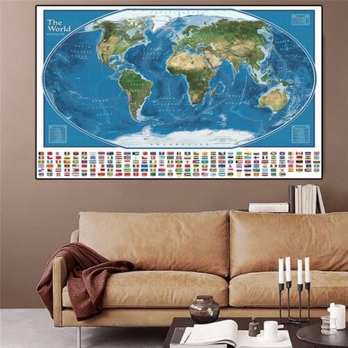 The World Satellite Map with National Flags Vintage Non-woven Canvas Painting Wall Poster Living Room Home Decoration 225*150cm