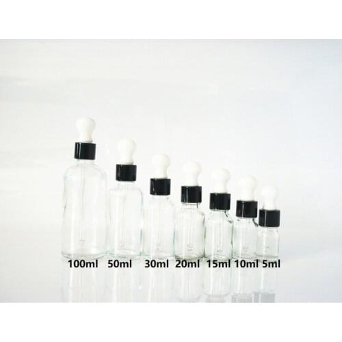 5/10/15/20/30/50/100ml Glass Essential Oil Bottle Big White Rubber Head Black Ring Dropper Cover Empty Clear Containers