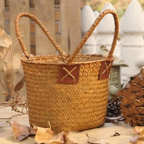 Rattan Bag Storage Basket Round Beach Bag Women Straw Bag Woven Shoulder Bag Straw Travel for Women Girls