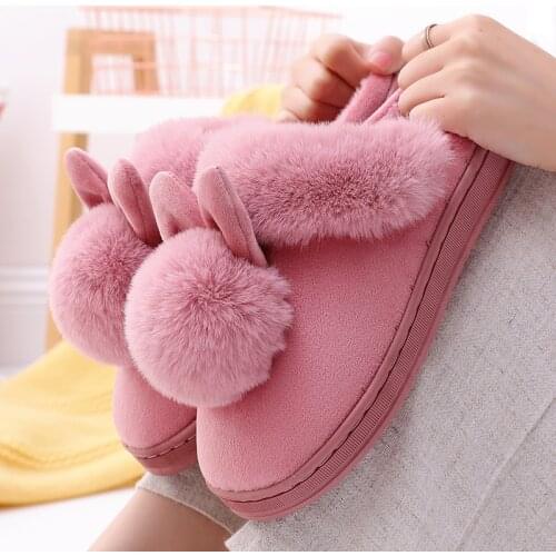 Men and Women Couple Winter Warm Slippers Female Rabbit Pattern Non-Slip Thicken Indoor Home Plush Slippers Cotton Shoes