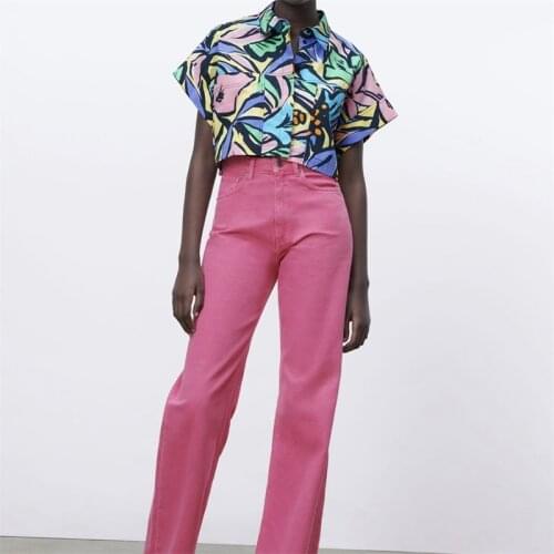 TRAF Women 2021 Fashion Print Lapel Pocket Short Top Button Short Sleeve Blouse Streetwear