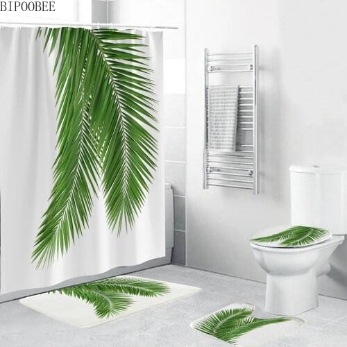 Tropical Plant Green Leaves Print Shower Curtains Bathroom Curtain White Bath Mat Set Toilet Lid Cover Pedestal Non-Slip Carpet