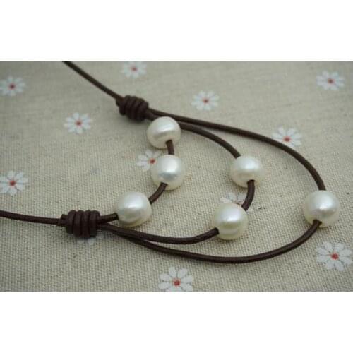 Unique Pearls Jewelry 10mm White Round Genuine Freshwater Pearl Real Leather Necklace Charming Women Wedding Birthday Gift