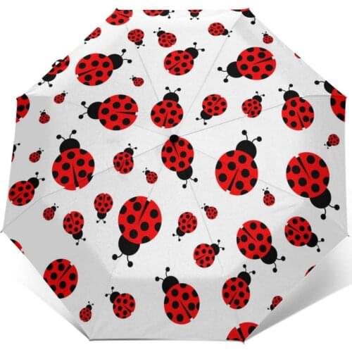 Wind Resistant Fully-Automatic Umbrella Ladybug Cartoon Rain 3 Folding Parasol Travel Car Umbrella