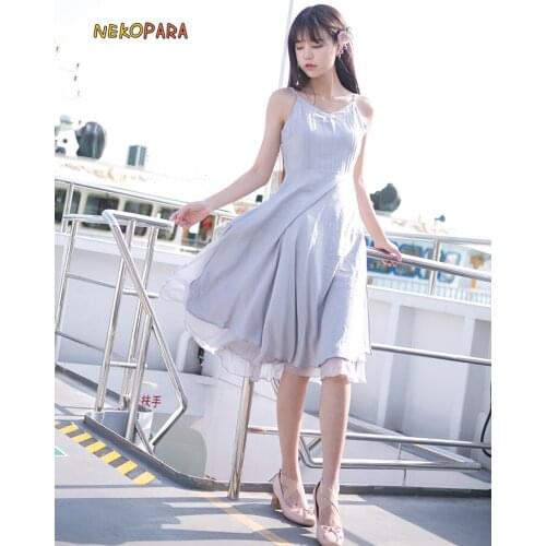 "Fuling" Vintage Chinese Style Suspender Dress Elegant Double Layer Big Hem Mori Girl Dress Color Grey