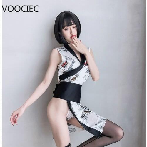 VOOCIEC Kimono Open Cut Sexy Underwear Womens Retro Cheongsam Night Dress Pajamas Chinese Ink Painting Printed Sleepwear