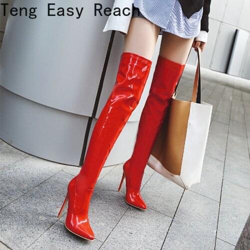 Women Sexy High Heels Over The Knee Boots Female Red Thigh High Boots Zipper Shoes Ladies Autumn Winter Long Boots Plus Size 47
