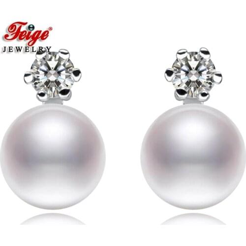 FEIGE 925 Sterling Silver Earrings for Women 8-9mm Freshwater Natural Pearl Earrings Wedding Jewelry Stud Pearls Flawless