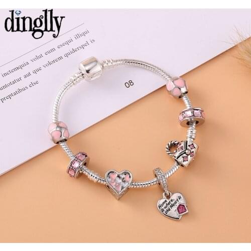 Dinglly Love Home Heart Dangle Charm Bracelets For Women Girls Original Pink Beads Silver Color Bracelet Family Jewelry Gifts