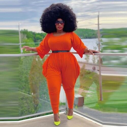 XL-4XL 2021 Three Quarter Sleeve Solid Bodycon Jumpsuit Spring Autumn Women One Piece Overalls Office Lady Draped Loose Rompers