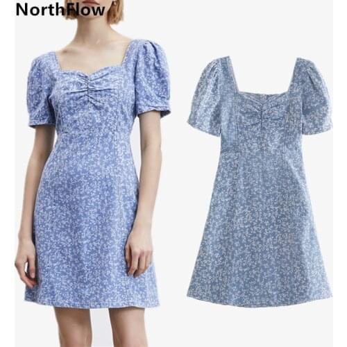 Northflow Women Summer Dress Denim Print Floral Square Collar Mini De Fiesta Party Dress Vestidos Robe Femme
