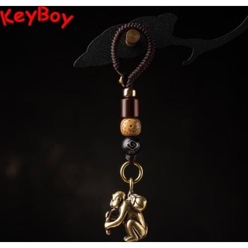 Zodiac Animal Monkey Figure Brass Car Keychain Pendant Handmade Woven Rope Luxury Brand Electrical Car Keyring Lanyard Hanging