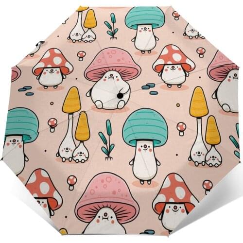Wind Resistant Fully-Automatic Umbrella Adorable Mushroom Rain 3 Folding Parasol Travel Car Umbrella