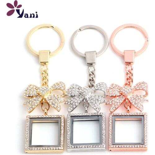 10pcs/lot Free shipping Square Floating Locket Keychains Glass Living Memory Locket With Rhinestone Brooch Pin For Women