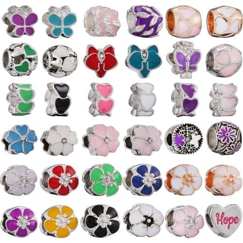 2Pcs/Lot Color Butterfly Flower Silver Plated Bead Accessories For Making Branded Jewelry Womens Bracelets Fine Bangles Gifts