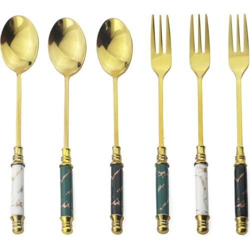 2Pcs Fruit Fork Coffee Spoon Ceramic Handle Cutlery Set Cake Forks Stainless Steel Silverware Gold Tableware Tea Spoon Fork Set