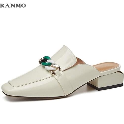 2021 Ins Hot Women Black Shoes Metal Decoration Thick Heels Women Mules Genuine Leather Office Lady Shoes Woman Summer Slippers