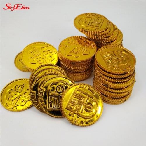 50/100pc Spanish Pirates Gold Coins Plastic Currency Coins Props Game Accessary Funny Playing Toys for Kids Children (Golden) 5z