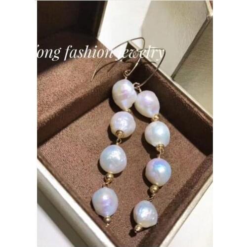 >>noble jewelry Handmade natural white 10-14mm SouthSea pearl earring 9k