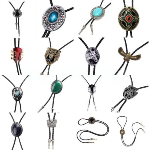 Bola Bolo Tie Necklace Mens PU Leather Black Gem Stone Western Cowboy Rodeo