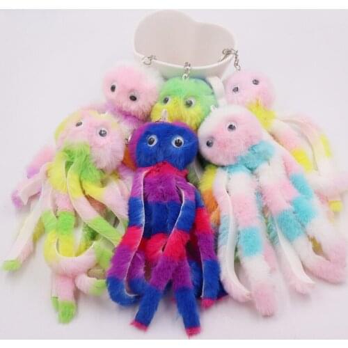 New Arrival Long Tassel Fluffy Key Chain Cute Colorful Octopus Keychains Women Pompom Faux Rabbit Fur Car Key Ring Bag Pendant
