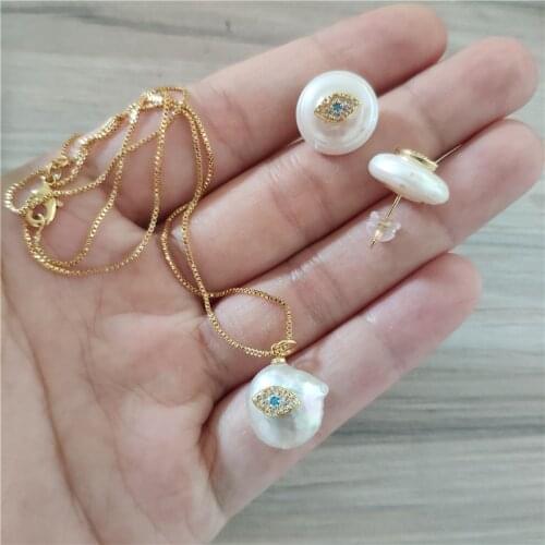 White cz tiny gold evil eye blue eye protection charm coin freshwater pearl stud earring choker necklace jewelry set for women