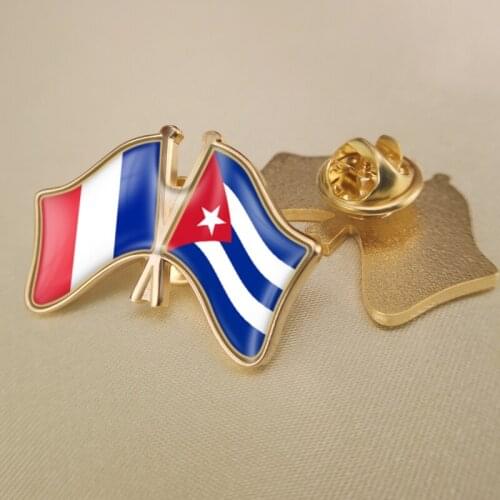 France and Cuba Crossed Double Friendship Flags Lapel Pins Brooch Badges