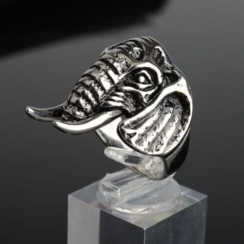 Vintage Elephant Ring Mens Stainless Steel Punk Motorcycle Biker Rings African Tribe Animal Elephants Head Jewelry US Size 7-13