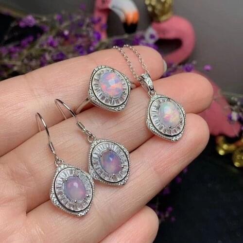 Dazzling Opal Jewelry Set 100% Natural Opal Ring Drop Earrings and Necklace Pendant Set Solid Sterling Silver Jewelry