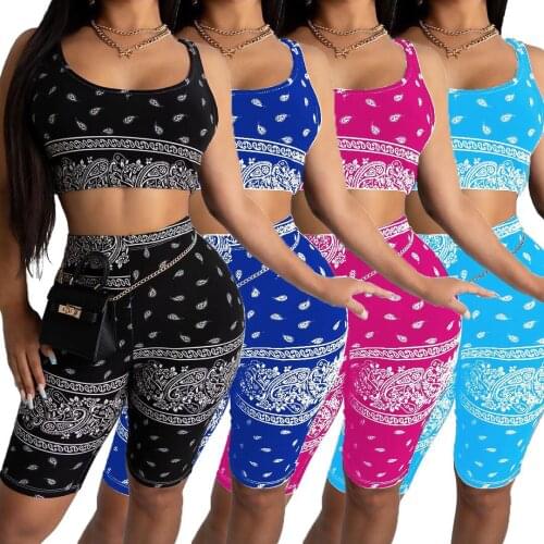 Summer 2 Piece Short Set Women Bandana Outfits Sexy Tank Crop Top And Biker Shorts Pants Sport Wear Gym Jogging Sets Tracksuit