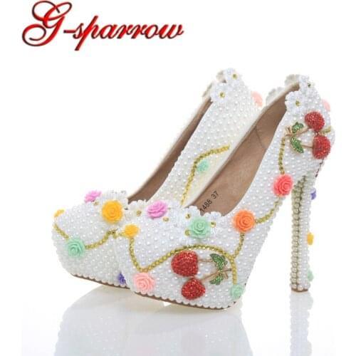 Beautiful White Pearl Wedding Shoes with Cherry Bride Dress Shoes Formal Dress High Heels Cinderella Event Prom Pumps
