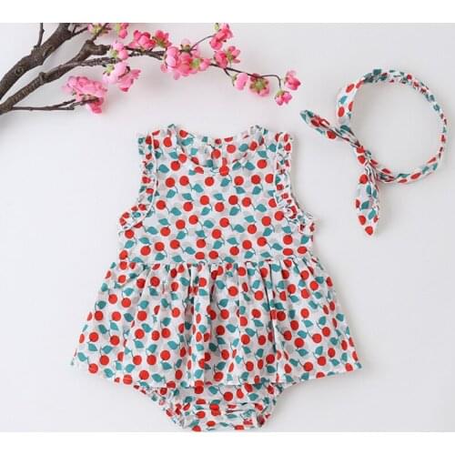 New Korean Baby Girl Romper Baby Girl Clothes Cherry Print Sleeveless Baby Romper Dress+bow Headband Summer Baby Jumpsuit 0-18M