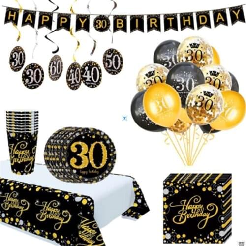 30 40 50 60 70 80th Birthday Digital Black Gold Banner Pull Flag Adult Party Decoration Disposable Tablecloth Tableware Supplies