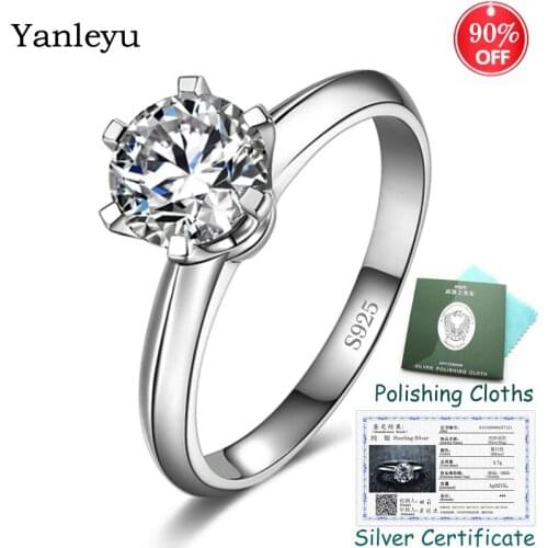 Send Silver Certificate ! Yanleyu Classic 6 Claws 1.25ct Round CZ Wedding Rings for Women 925 Sterling Silver Fine Jewelry PR236